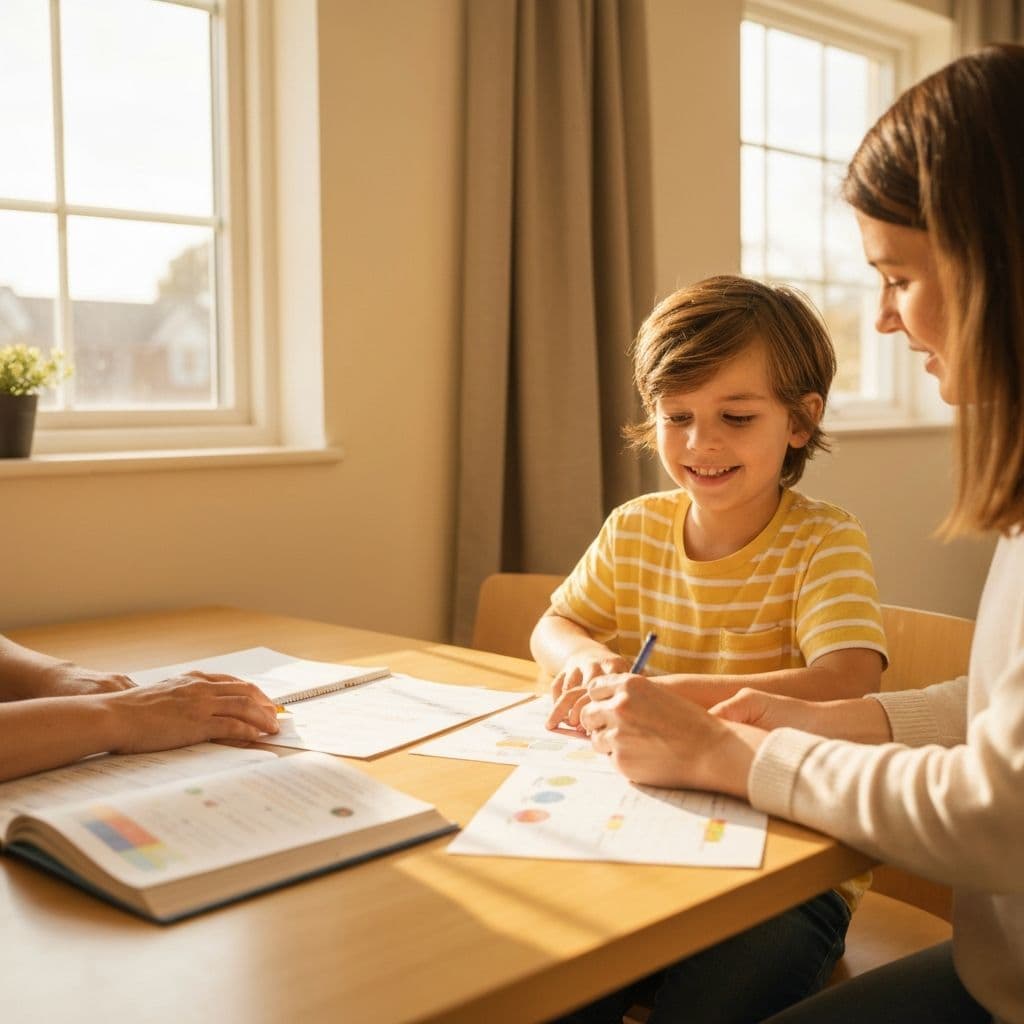 A child learning with a parent at the kitchen table